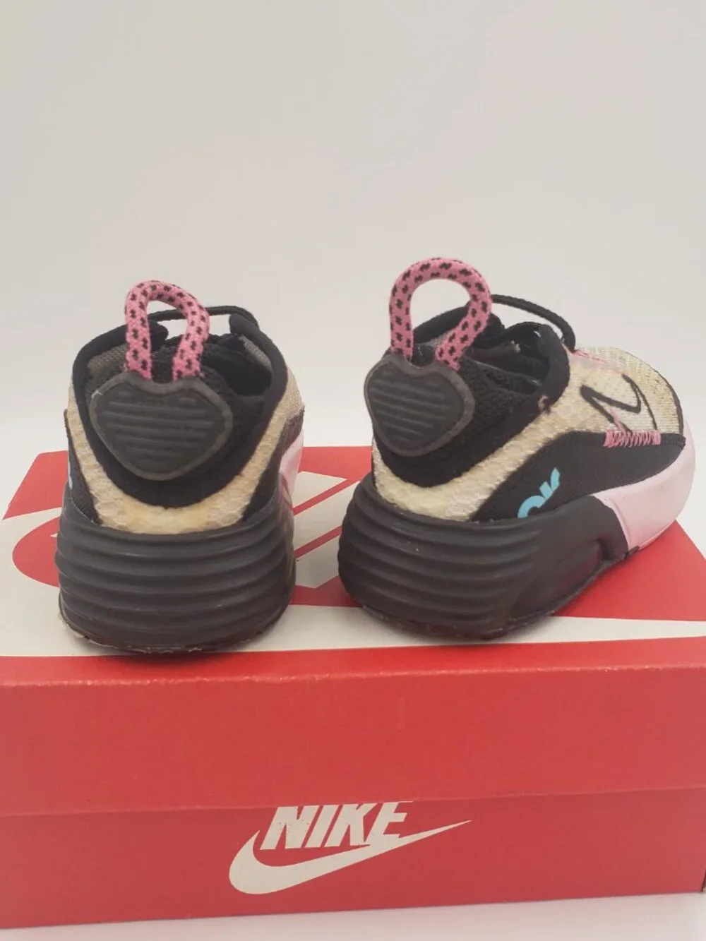 Nike Air Max 2090 (TD) Size 2C, White/Black-Pink Foam Plus Red Sequined Bow Shoe